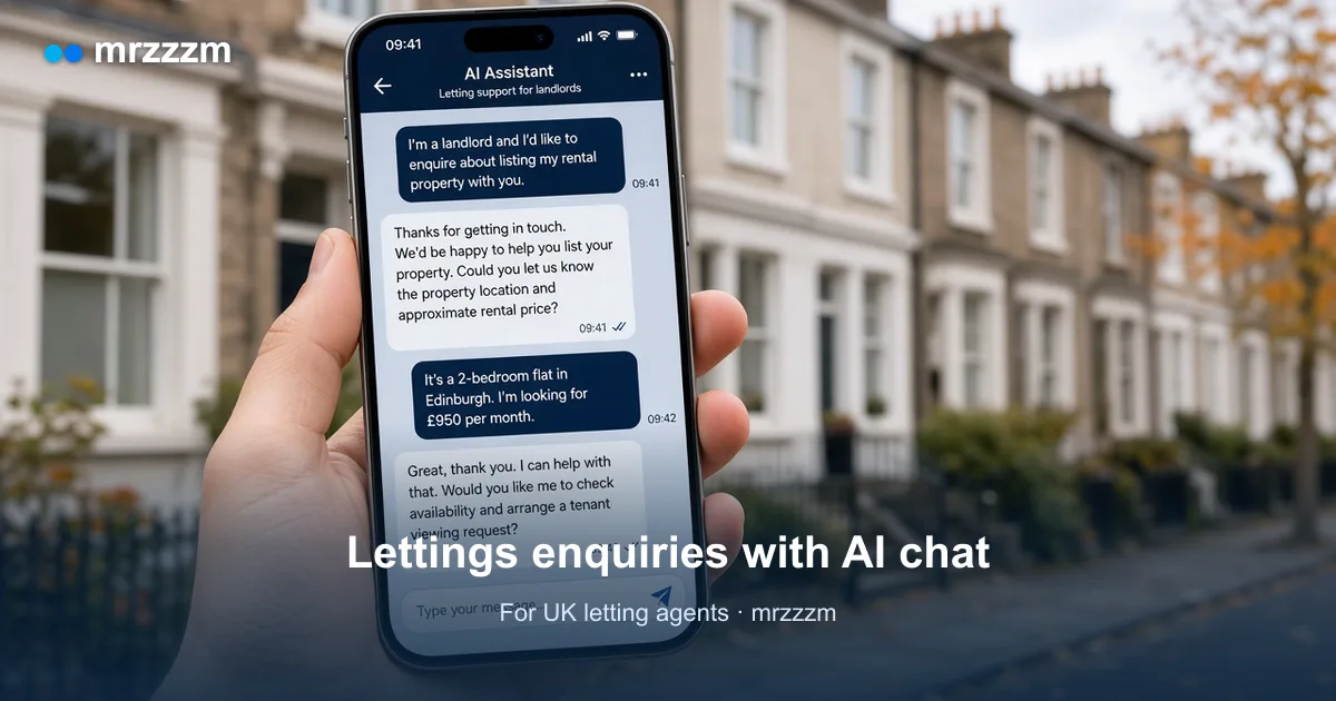 UK letting agent capturing a landlord and tenant rental enquiry with mrzzzm AI chat on a phone