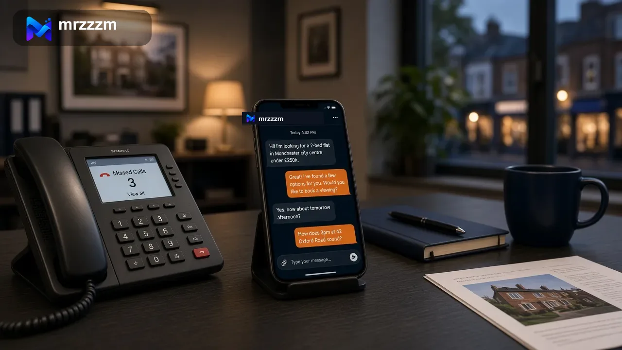 UK estate agency desk phone with missed calls and AI chat recovering a property enquiry on a smartphone